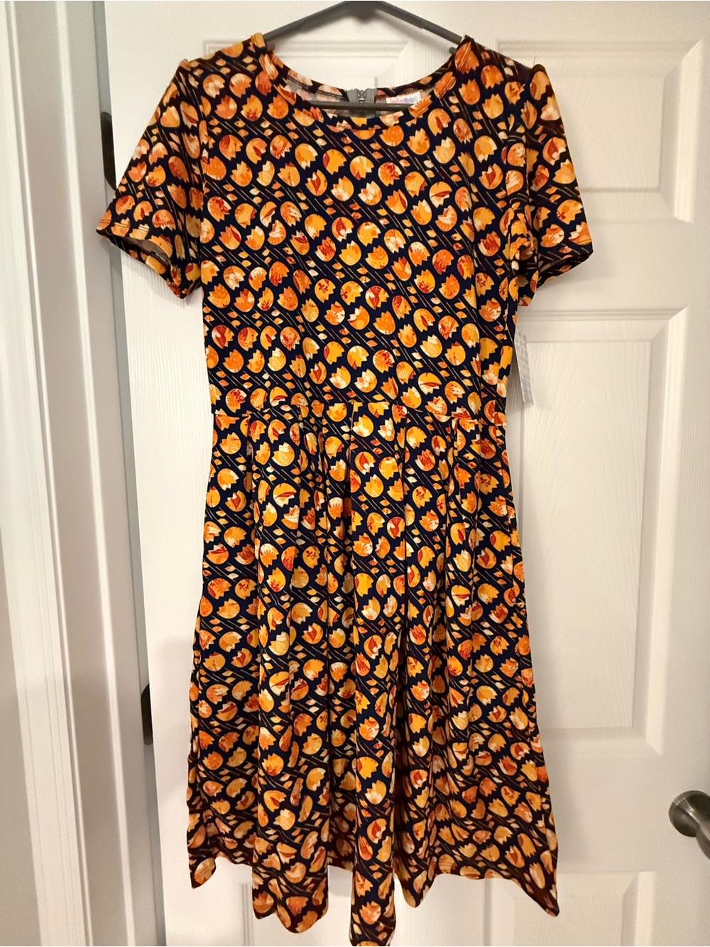 Lularoe Amelia Dress - Women’s Short Sleeve Orange Print Fit & Flare Dress